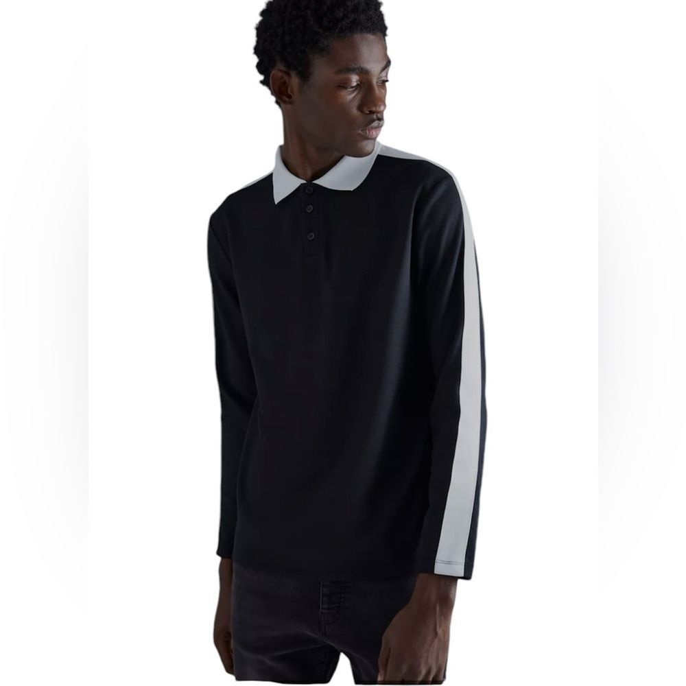 NWT Boohoo Man Slim Long Sleeve Taped Interlock Long Sleeve Polo Shirt Small